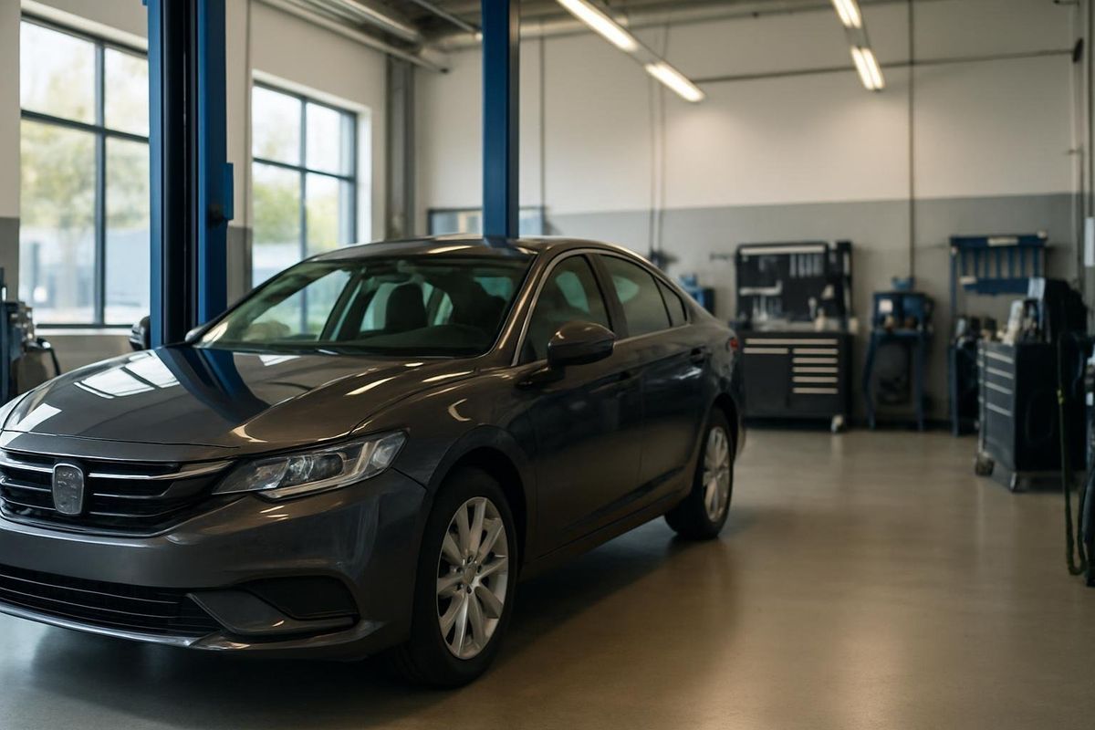 Modern auto repair shop interior with high-end equipment and a shiny car.